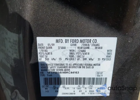 2009 Ford F-150 Fx4/King Ranch/Lariat/Platinum/Xl/Xlt из США, поврежденный, VIN 1FTPW14V49KC44163